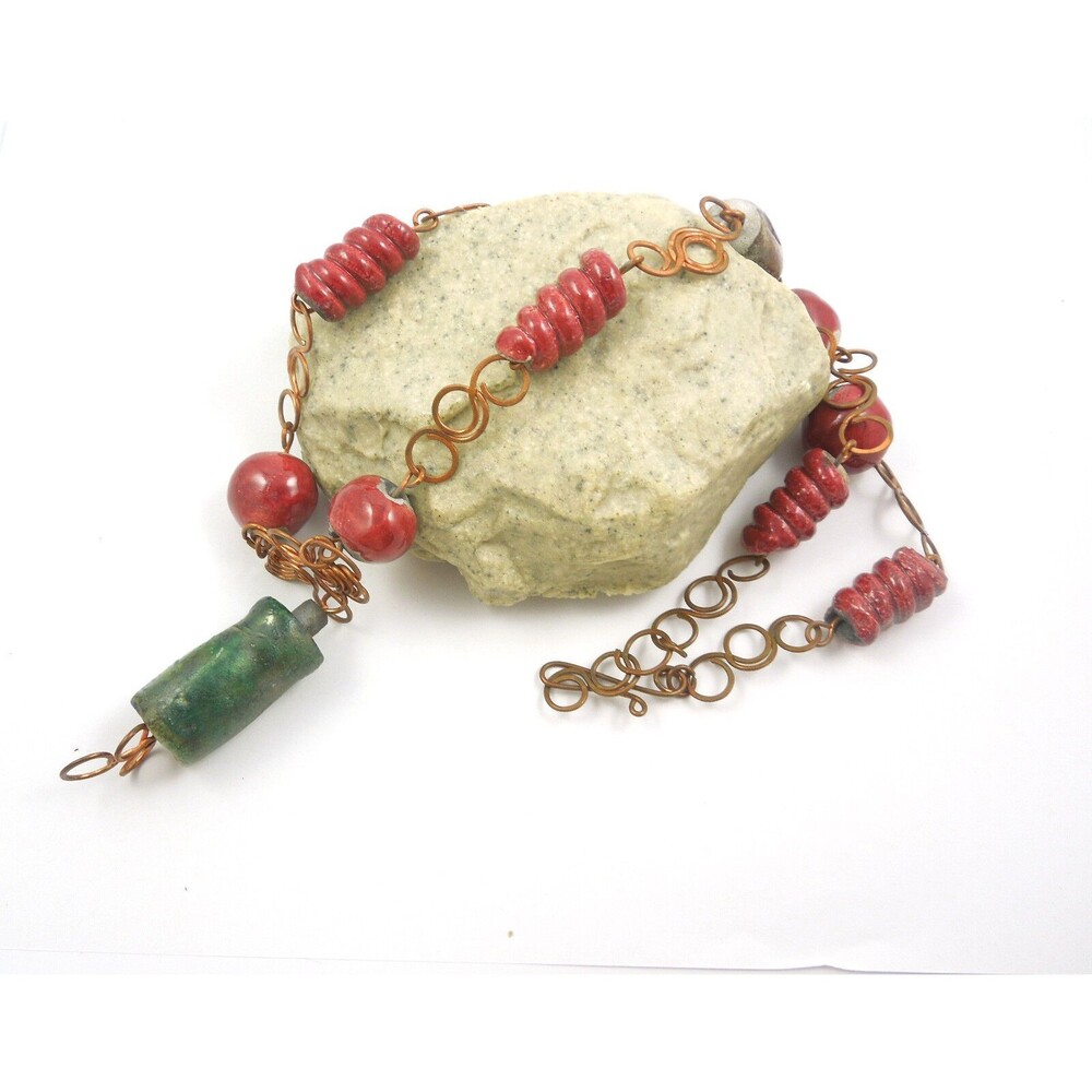 Vintage Rustic Tribal Western Oxidized Cooper Clay Beads Necklace 17" Handcraft